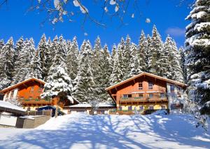 eine Lodge im Schnee mit schneebedeckten Bäumen in der Unterkunft Chalet Zauberflöte in Radstadt
