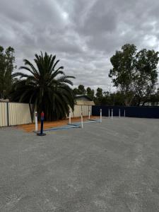 a parking lot with a palm tree and a parking meter at Red Emu Motel in Perenjori