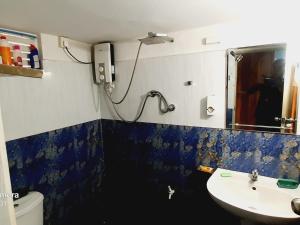 a bathroom with a shower and a sink and a mirror at Dream Villa Homestay Madiha in Matara