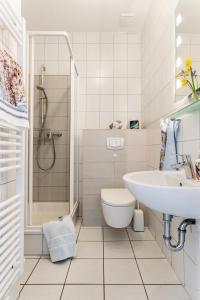 a bathroom with a sink and a toilet and a shower at "Ferienhof Sporleder" - Bauernhaus 2 in Meeschendorf