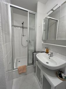 クアオルト・オーバーヴィーゼンタールにあるBerghaus am Felsbruch Oberwiesenthal OT Hammerunterwiesenthalの洗面台とシャワー付きの白いバスルーム