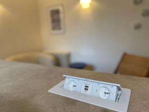 een afstandsbediening bovenop een teller bij Ajania, Appt avec parking et petit jardin privé in Caen