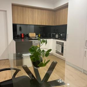 a kitchen with a glass table with a plant on it at Welcome home in St Albans +12 photos
