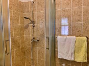 a shower with a glass door and a towel at Apartments Santic in Čižići +48 photos