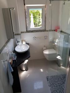 a bathroom with a sink and a toilet and a mirror at Business Apartment nähe Bonn 2 SZ in Königswinter