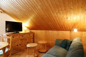 un salon avec un canapé et une télévision à écran plat dans l'établissement Gästehaus Seewald- Ferienwohnung 7 "Eiche", Schluchsee, Blasiwald, à Schluchsee