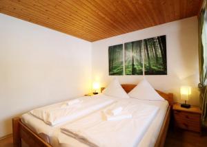 une chambre avec un lit avec deux oreillers blancs dans l'établissement Gästehaus Seewald- Ferienwohnung 1 "Ahorn", Schluchsee, Blasiwald, à Schluchsee