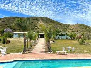 un complexe avec une piscine, des palmiers et une montagne dans l'établissement Amani Lodge, à Montagu