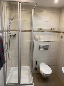 un baño con ducha y WC en Gästehaus Wolfgang Mittersee -4-, en Ruhpolding