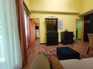 Una sala de estar con un sofá y un televisor. en Lee Boutique Hotel Tagaytay, en Tagaytay