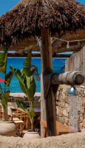 ein Strohschirm und einige Pflanzen am Strand in der Unterkunft Hôtel et Résidence Ta Kladia - Omigna in Cargèse