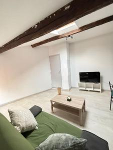 a living room with a green couch and a table at Studio confortable in Annonay +1 photo