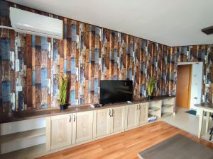 sala de estar con TV y pared de papel en Belvedere Holiday Club H41, en Bansko