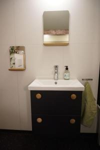a bathroom with a sink and a mirror at Koselig hus ved Kabelvågmarken in Kabelvåg
