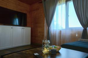 a room with a bed and a table with a television at Micesti Chalet in Miceşti