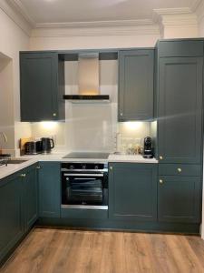 a kitchen with blue cabinets and a stove top oven at The Auction House in Belfast