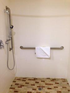 a bathroom with a towel rack and a shower at Comfort Inn & Suites Brattleboro I-91 in Brattleboro