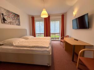 a bedroom with a bed and a desk and a television at Schwalbenflug 1 Berlin in Berlin