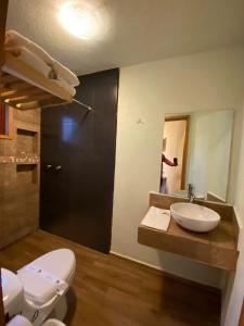 a bathroom with a sink and a toilet and a mirror at Hotel Cabaña iilldaa in Malinalco