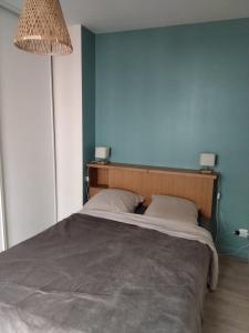 Un dormitorio con una cama grande con una pared azul. en Les mouflons, en La Bourboule 12 fotos más