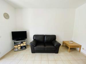 a black leather couch in a living room with a tv at Isca Dreams T6 in Isca sullo Ionio