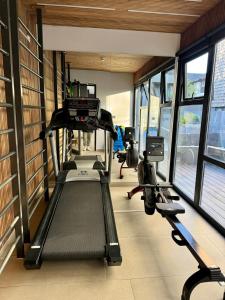 a gym with treadmills and machines in a room with windows at Depa con piscina frente al Lago Llanquihue y vista al volcán in Puerto Varas