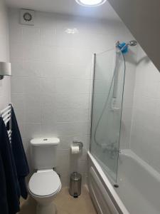 a bathroom with a shower and a toilet and a tub at Charming Seafront Retreat in Broadstairs