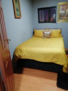 a bedroom with a bed with yellow sheets and a window at Mbele's home stay in Bloemfontein +3 photos