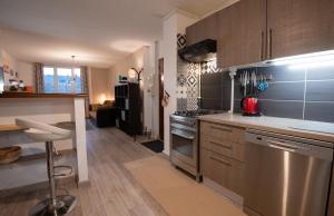 a kitchen with stainless steel appliances and wooden cabinets at Écrin de Lumière - Au Sud de Vienne in Vienne