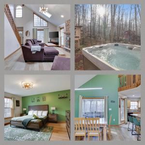 eine Collage mit Bildern eines Hauses mit Whirlpool in der Unterkunft Locust Lake Livin Hot Tubfire Pitskiingpets in Pocono Lake