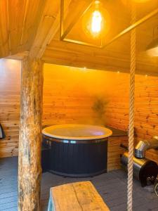 a sauna with a hot tub in a wooden room at Country house in Dziemiany