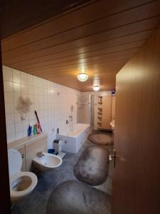 MittenaarにあるNature Park, 2 Double, 1 sofa for sleeping in 3 rooms, Kitchen, Bathroomのバスルーム(シンク2台、バスタブ、トイレ2つ付)