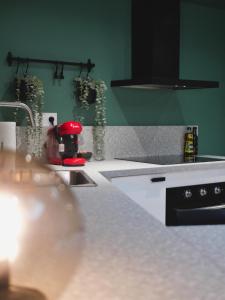 a kitchen with a white counter top and a sink at La Canopée - Central & Parking in Riom