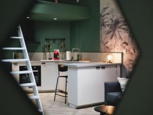 a kitchen with green walls and a kitchen island with a ladder at La Canopée - Central & Parking in Riom