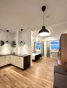 a kitchen and living room with a couch and a table at Mini Home Bookshop Studios in Vilnius