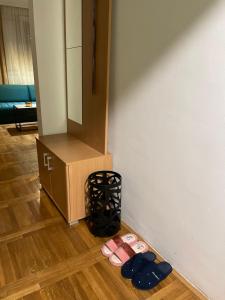 a pair of flip flops on the floor next to a mirror at Apartman Raj in Kraljevo