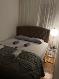 a bedroom with a bed with two pillows and a lamp at Apartman Raj in Kraljevo