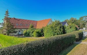 a house with a hedge in front of a house at Ferienwohnung Kemnitz in Neuendorf +13 photos
