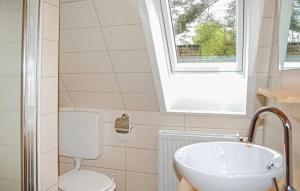 Un baño con lavabo, inodoro y ventana. en Ferienwohnung Dierhagen, en Neuhaus 9 fotos más