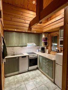 eine Küche mit grünen Schränken und einer Holzdecke in der Unterkunft Latvahonka Cottage in Jämsä