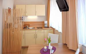 eine kleine Küche mit Tisch und Spüle in der Unterkunft Ferienwohnung Malchow in Malchow