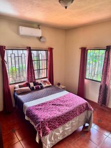 a bedroom with a bed with a purple comforter and two windows at Casa Bella in Esquipulas