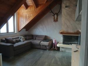 a living room with a couch and a fireplace at La mansarda del cervo in Santa Maria Maggiore