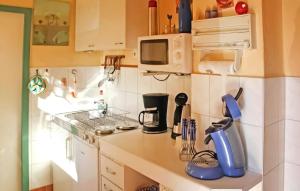 a kitchen with a counter top with a blue appliance at Ferienhaus Waren Müritz in Waren