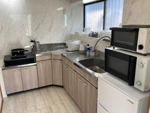 a kitchen with a sink and a microwave at Narita Traveler's Guest House 成田 トラベラーズ ゲストハウス in Tomisato