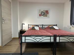 a bedroom with a bed with a red comforter at Les libellules in Altkirch