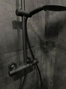 a metal piping on the wall of a shower at Studio Buttes Chaumont refait à neuf in Paris +27 photos