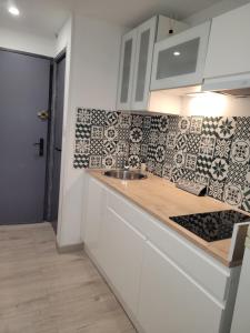 a kitchen with a sink and a counter top at Le studio 29 in Le Barcarès