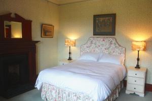 a bedroom with a bed with two lamps and a fireplace at Leiper in Lochailort