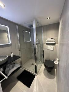 a bathroom with a shower and a toilet and a sink at Studio confort Business 20m2 - 2 min a pied de Monaco in Beausoleil